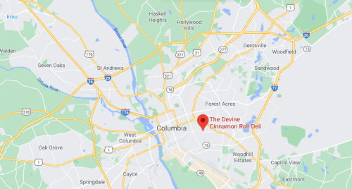 Map of Columbia, South Carolina, highlighting The Devine Cinnamon Roll Deli location.