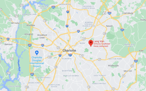 Map of Charlotte, North Carolina, highlighting Lang Van, a Southeast Asian restaurant.