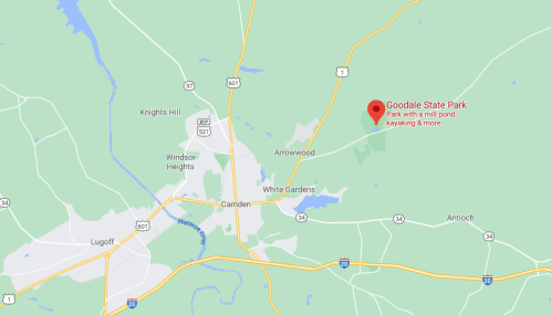 Map showing Goodale State Park near Camden, SC, highlighting activities like kayaking and a mill pond.