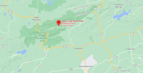 Map showing Jones Gap State Park, highlighting areas for wilderness hiking and trout fishing in South Carolina.