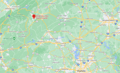 Map showing the location of Wilderness Run Alpine Coaster in North Carolina, near the Blue Ridge Mountains.