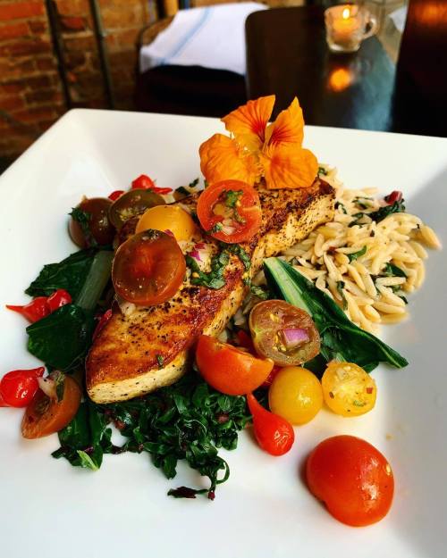 A beautifully plated dish featuring grilled fish, colorful cherry tomatoes, greens, and a flower garnish.