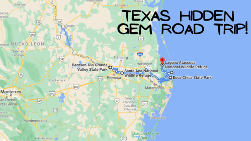Map highlighting a road trip route in Texas, featuring wildlife refuges and state parks, with "Texas Hidden Gem Road Trip!" text.
