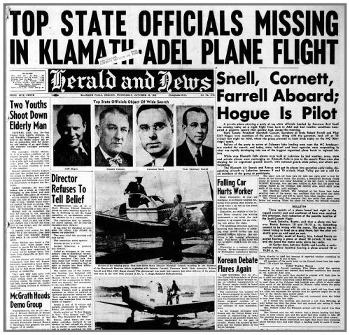 Front page of the Herald and News featuring a headline about missing state officials in a plane flight.