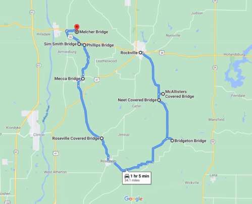 Map showing a scenic route of 34.1 miles with multiple covered bridges, starting and ending at Melcher Bridge.
