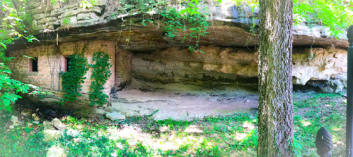 A rocky overhang with a brick wall partially covered in green vines, surrounded by trees and grass.
