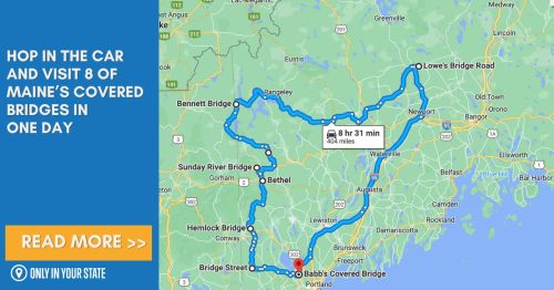 Map highlighting a scenic route in Maine to visit 8 covered bridges in one day, with driving time noted.