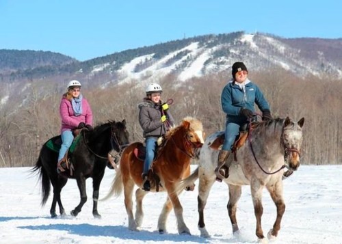Three people ride horses through a snowy landscape with mountains in the background on a clear, sunny day.