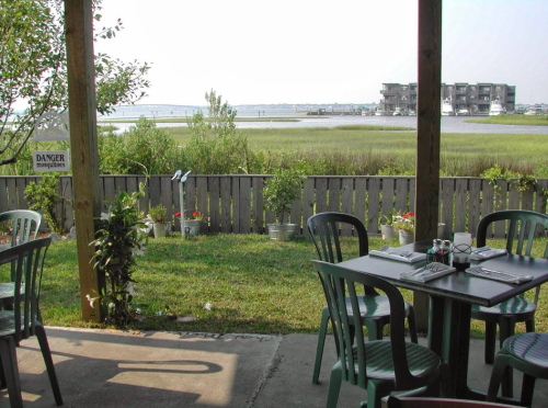 View from a patio with tables overlooking a grassy area and water, featuring a sign that reads "Danger."