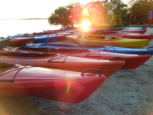 Colorful kayaks lined up on a sandy shore with a sunset reflecting on the water in the background.