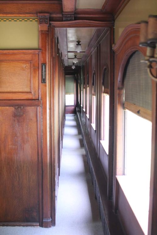 A narrow hallway with wooden paneling and windows, featuring a carpeted floor and ceiling fans.