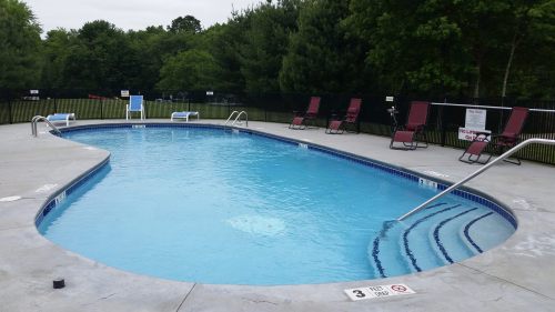 A clear blue swimming pool surrounded by lounge chairs and greenery, with a fence in the background.