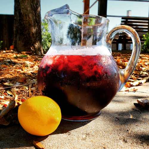 A glass pitcher filled with dark red liquid sits on a surface next to a bright yellow lemon, surrounded by fallen leaves.