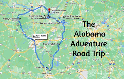 Map of Alabama highlighting an adventure road trip route with key locations and travel time.