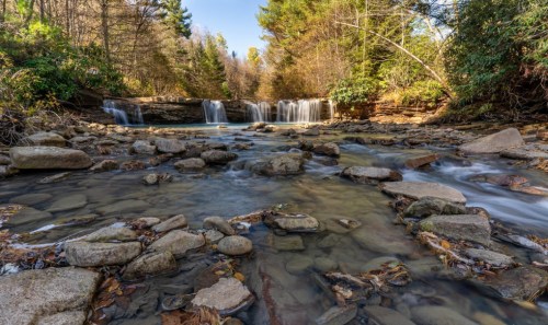 A serene waterfall cascades over rocks, surrounded by lush trees and autumn foliage, reflecting a peaceful natural setting.