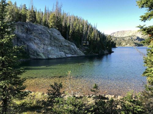 A serene lake surrounded by rocky cliffs and tall pine trees under a clear blue sky.