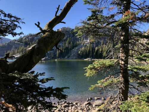 A serene lake surrounded by rocky cliffs and lush trees under a clear blue sky.