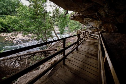 A wooden walkway leads through a lush forest by a river, with rocky cliffs and greenery surrounding the scene.