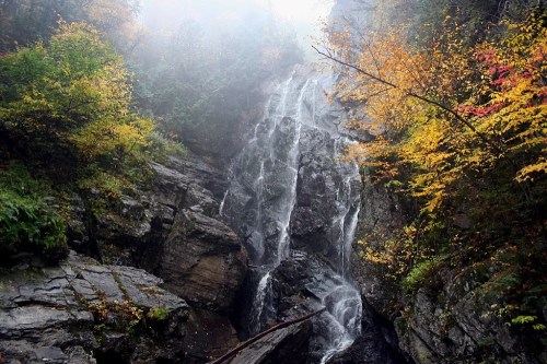 A cascading waterfall surrounded by vibrant autumn foliage and misty mountains.