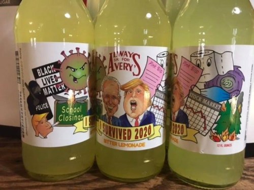 Three bottles of lemonade with humorous labels referencing 2020 events, featuring political figures and social movements.