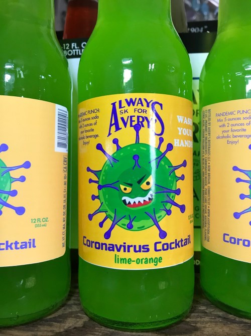 Bright green bottle labeled "Coronavirus Cocktail" with a cartoon virus character, featuring lime-orange flavor.