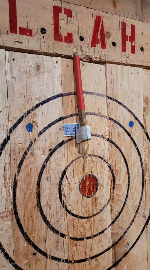 A red-handled axe embedded in a wooden target with concentric circles and a central red dot.