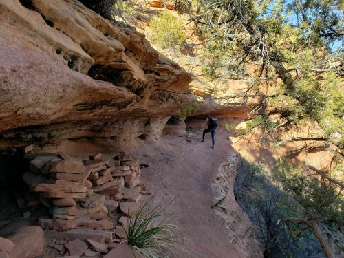 A hiker walks along a winding trail surrounded by rocky cliffs and sparse vegetation in a desert landscape.