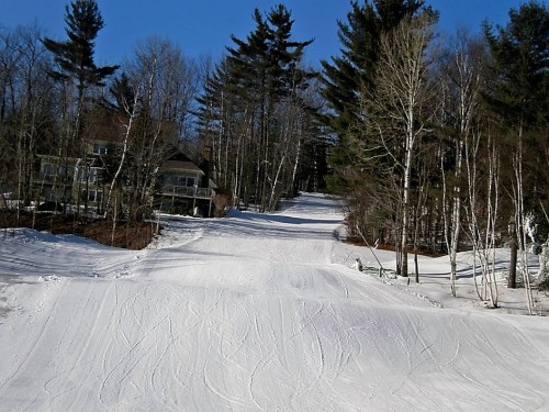 A snowy ski slope lined with trees, leading up to a house in the background under a clear blue sky.