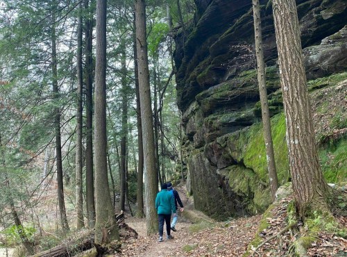 Two people walking on a forest trail beside a moss-covered rock formation, surrounded by tall trees.