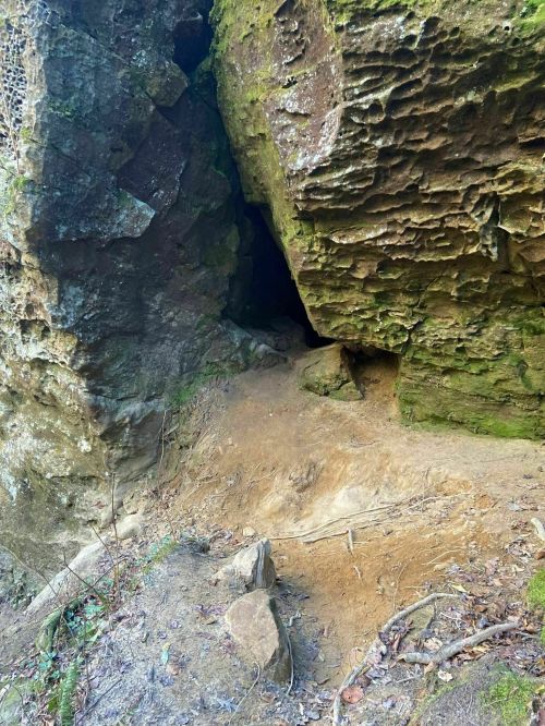 A rocky cave entrance surrounded by moss-covered stones and dirt, with a natural, rugged landscape.
