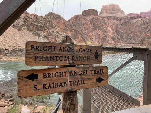 Wooden signpost with directions to Bright Angel Camp, Phantom Ranch, Bright Angel Trail, and S. Kaibab Trail near a canyon.