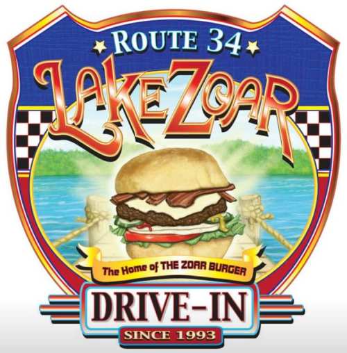 Logo for Lake Zoar Drive-In featuring a burger, with "Route 34" and "Since 1993" text.