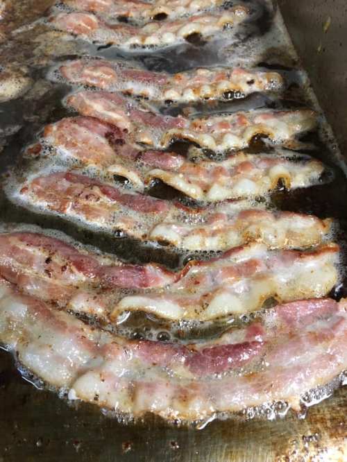 Sizzling strips of bacon frying in a pan, surrounded by bubbling grease.