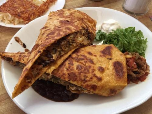 A plate of two large, crispy burritos filled with beans and vegetables, served with lettuce, tomatoes, and sour cream.
