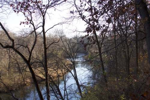 A serene river winding through a forest with bare trees and autumn leaves, under a clear blue sky.