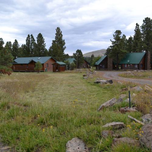 A scenic view of wooden cabins surrounded by tall trees and grassy fields under a cloudy sky.