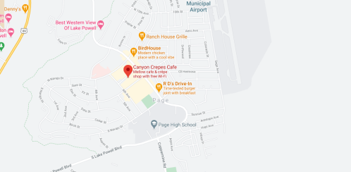 Map showing locations in Page, Arizona, including Canyon Crepes Café and nearby restaurants and landmarks.