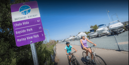 Two cyclists ride along a path near a sign for the Bayshore Bikeway, with boats visible in the background.