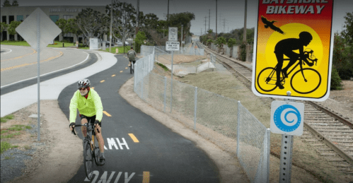A cyclist in a bright jacket rides on a dedicated bikeway, with a warning sign about wildlife nearby.