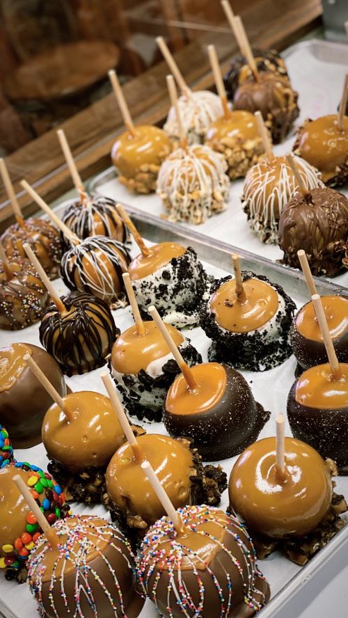 A variety of caramel apples topped with chocolate, nuts, and colorful sprinkles, arranged on a tray.