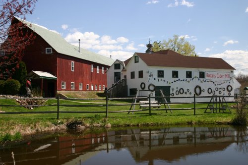 A red barn and a white cider mill by a pond, with trees and blue sky in the background.