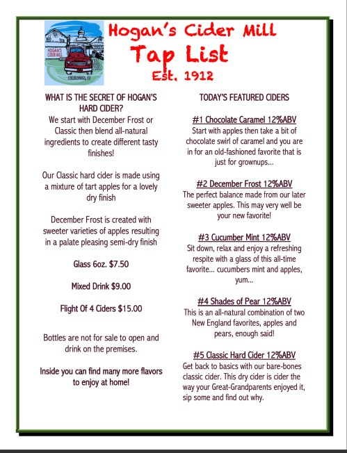 Menu for Hogan's Cider Mill featuring cider options, prices, and descriptions of each cider variety.