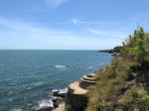 A coastal view with rocky shoreline, gentle waves, and a clear blue sky, framed by lush greenery.