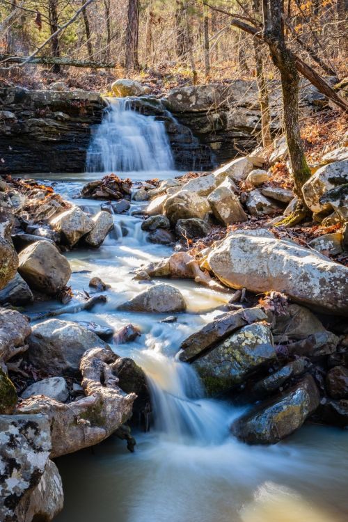 A serene waterfall cascades over rocks, surrounded by trees in a tranquil forest setting.