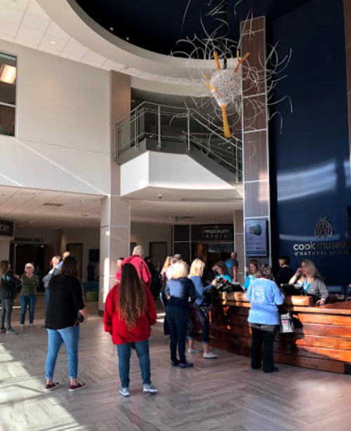 Visitors gather at the entrance of the Cook Museum of Natural Science, with a modern design and a large chandelier above.