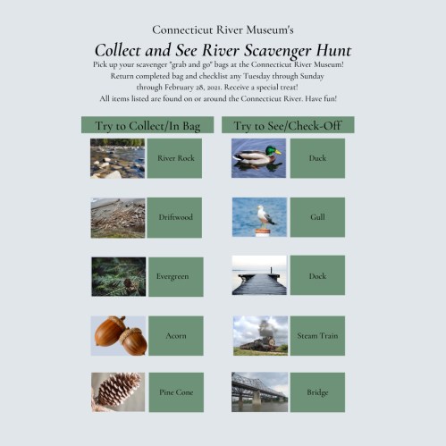 Scavenger hunt checklist for the Connecticut River Museum, featuring items to collect and see by the river.