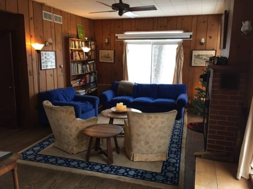 Cozy living room with blue sofas, a round table, and wooden walls, featuring a window and a small Christmas tree.