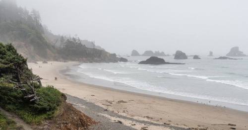 A misty beach scene with rocky formations, gentle waves, and a few people walking along the shore.