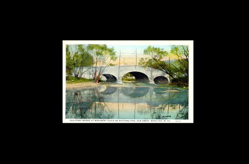 A vintage illustration of a stone bridge over a calm river, surrounded by trees and greenery.