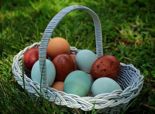 A woven basket filled with colorful eggs resting on green grass.